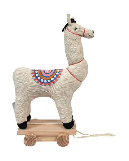 Pomme Ivory Lama With Wooden Cart-Knitted Push & Pull Toy-Soft & Cuddly-Easy to Wash-Improves Motor Skills-2M+