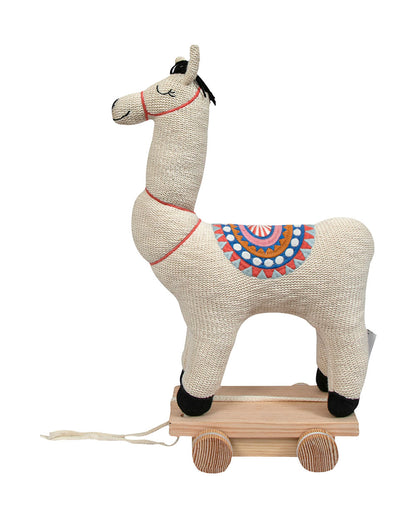 Pomme Ivory Lama With Wooden Cart-Knitted Push & Pull Toy-Soft & Cuddly-Easy to Wash-Improves Motor Skills-2M+