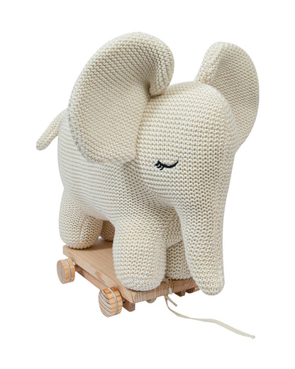 Pomme White Elephant With Wooden Cart-Knitted Push & Pull Toy-Soft & Cuddly-Easy to Wash-Improves Motor Skills-2M+