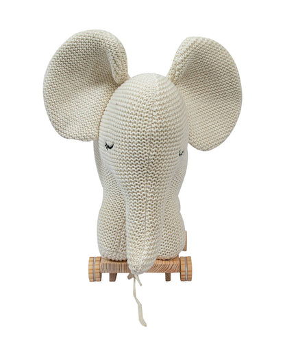 Pomme White Elephant With Wooden Cart-Knitted Push & Pull Toy-Soft & Cuddly-Easy to Wash-Improves Motor Skills-2M+