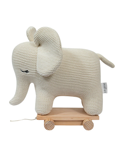 Pomme White Elephant With Wooden Cart-Knitted Push & Pull Toy-Soft & Cuddly-Easy to Wash-Improves Motor Skills-2M+