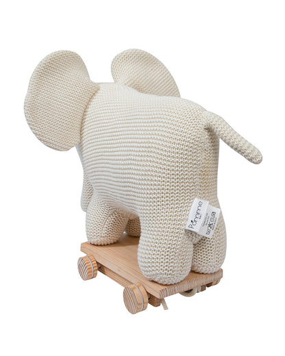 Pomme White Elephant With Wooden Cart-Knitted Push & Pull Toy-Soft & Cuddly-Easy to Wash-Improves Motor Skills-2M+