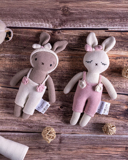 Pomme Ivory Blush Bunny With Dress Cotton Knitted Soft Toy-Promotes Visual Stimulation-Plush Cuddly Toy For Newborn