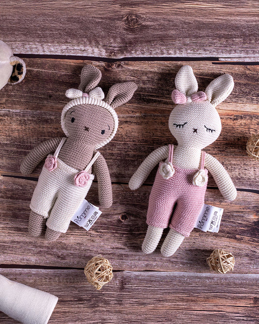 Pomme Ivory Blush Bunny With Dress Cotton Knitted Soft Toy-Promotes Visual Stimulation-Plush Cuddly Toy For Newborn