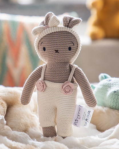 Pomme Ivory Beige Bunny With Dress Cotton Knitted Soft Toy-Promotes Visual Stimulation-Plush Cuddly Toy For Newborn