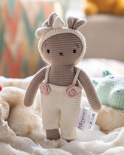 Pomme Ivory Beige Bunny With Dress Cotton Knitted Soft Toy-Promotes Visual Stimulation-Plush Cuddly Toy For Newborn
