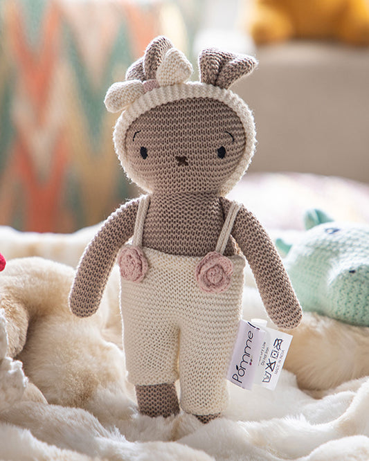 Pomme Ivory Beige Bunny With Dress Cotton Knitted Soft Toy-Promotes Visual Stimulation-Plush Cuddly Toy For Newborn
