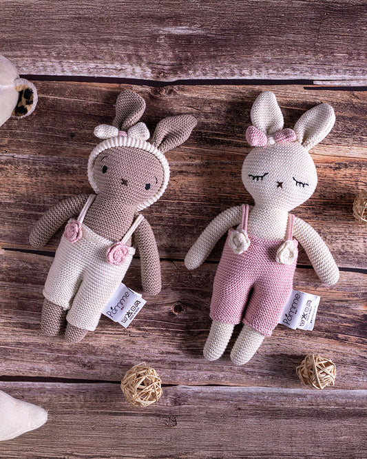 Pomme Ivory Beige Bunny With Dress Cotton Knitted Soft Toy-Promotes Visual Stimulation-Plush Cuddly Toy For Newborn