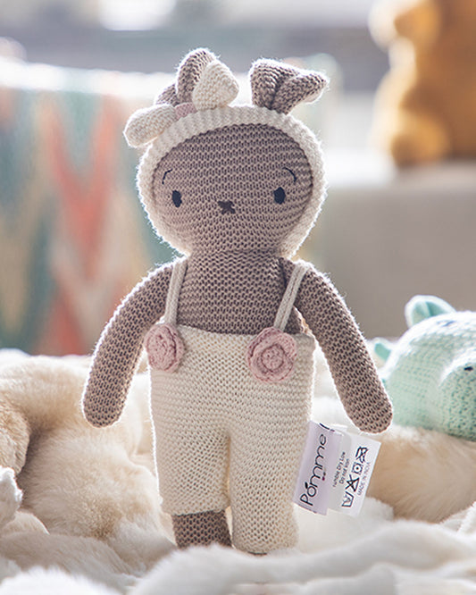 Pomme Ivory Beige Bunny With Dress Cotton Knitted Soft Toy-Promotes Visual Stimulation-Plush Cuddly Toy For Newborn