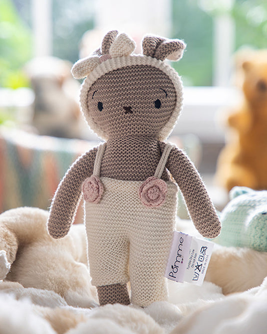 Pomme Ivory Beige Bunny With Dress Cotton Knitted Soft Toy-Promotes Visual Stimulation-Plush Cuddly Toy For Newborn