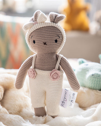 Pomme Ivory Beige Bunny With Dress Cotton Knitted Soft Toy-Promotes Visual Stimulation-Plush Cuddly Toy For Newborn