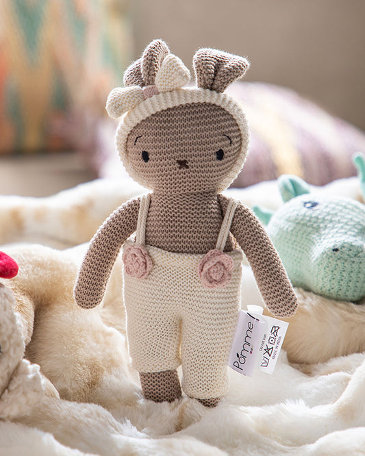 Pomme Ivory Beige Bunny With Dress Cotton Knitted Soft Toy-Promotes Visual Stimulation-Plush Cuddly Toy For Newborn