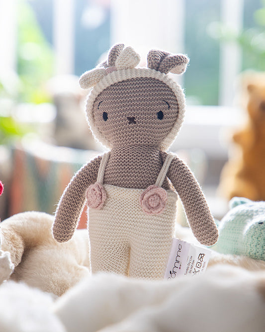 Pomme Ivory Beige Bunny With Dress Cotton Knitted Soft Toy-Promotes Visual Stimulation-Plush Cuddly Toy For Newborn