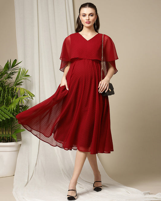 Wobbly Walk Red Maternity Nursing Dress-V Neck-Doby Print-Georgette-Bump Friendly