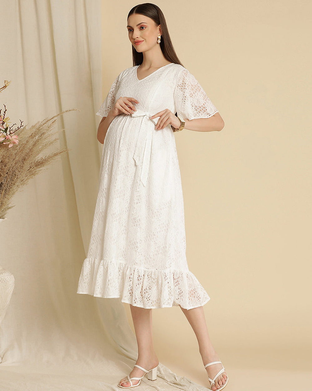 Wobbly Walk White Maternity Nursing Dress V Neck Self Designed Print Cotton Lace Bump Friendly Extra 5 Off duckduckbaby