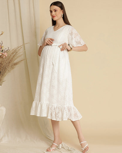 Wobbly Walk White Maternity Nursing Dress-V Neck-Self Designed Print-Cotton Lace-Bump Friendly-Extra 5% Off duckduckbaby Wobbly Walk White Maternity Nursing Dress-V Neck-Self Designed Print-Cotton Lace-Bump Friendly-Extra 5% Off duckduckbaby