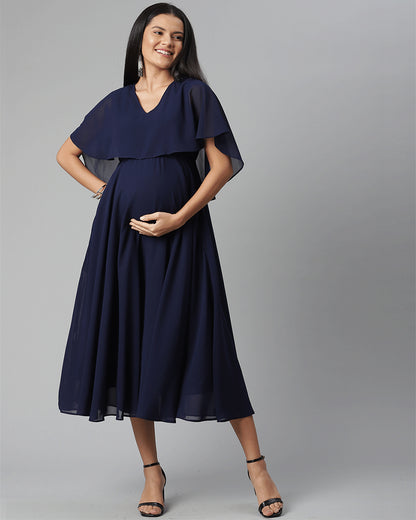 Wobbly Walk Blue Maternity Nursing Dress-V Neck-Solid Color-Georgette-Flutter Sleeves-Bump Friendly