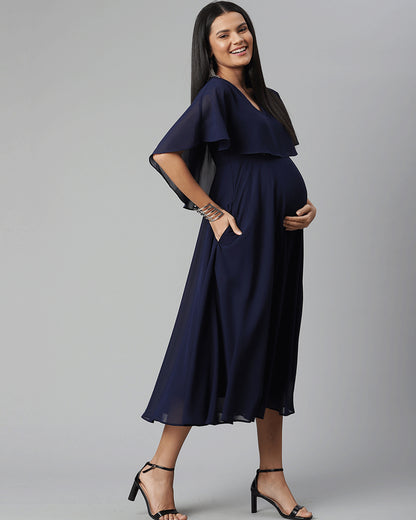 Wobbly Walk Blue Maternity Nursing Dress-V Neck-Solid Color-Georgette-Flutter Sleeves-Bump Friendly