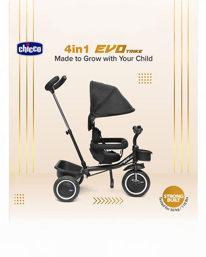 Chicco 4in1 EVO Trike-Height Adjustable Parent Handle Bar-360 Degrees Rotating Seat-Rear & Front Storage Basket-For 2 to 5Y (Upto 50 Kg)-Black