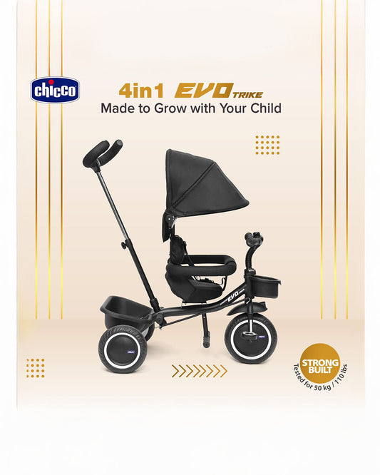Chicco 4in1 EVO Trike-Height Adjustable Parent Handle Bar-360 Degrees Rotating Seat-Rear & Front Storage Basket-For 2 to 5Y (Upto 50 Kg)-Black