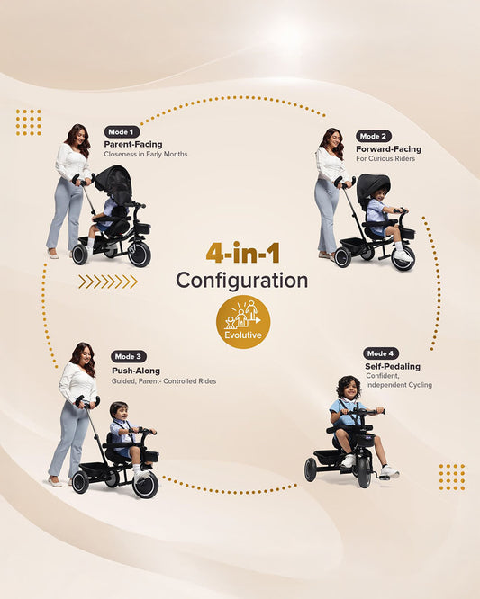 Chicco 4in1 EVO Trike-Height Adjustable Parent Handle Bar-360 Degrees Rotating Seat-Rear & Front Storage Basket-For 2 to 5Y (Upto 50 Kg)-Black