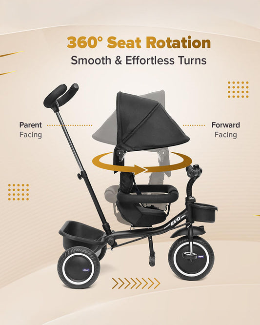 Chicco 4in1 EVO Trike-Height Adjustable Parent Handle Bar-360 Degrees Rotating Seat-Rear & Front Storage Basket-For 2 to 5Y (Upto 50 Kg)-Black