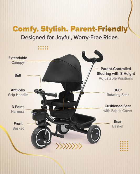 Chicco 4in1 EVO Trike-Height Adjustable Parent Handle Bar-360 Degrees Rotating Seat-Rear & Front Storage Basket-For 2 to 5Y (Upto 50 Kg)-Black