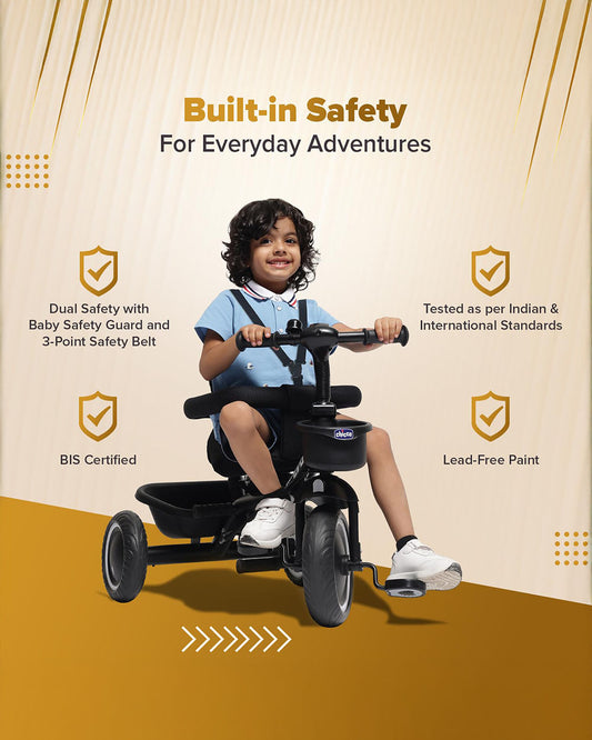 Chicco 4in1 EVO Trike-Height Adjustable Parent Handle Bar-360 Degrees Rotating Seat-Rear & Front Storage Basket-For 2 to 5Y (Upto 50 Kg)-Black