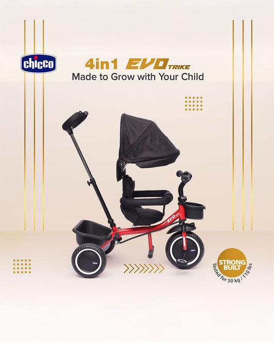 Chicco 4in1 EVO Trike-Height Adjustable Parent Handle Bar-360 Degrees Rotating Seat-Rear & Front Storage Basket-For 2 to 5Y (Upto 50 Kg)-Red