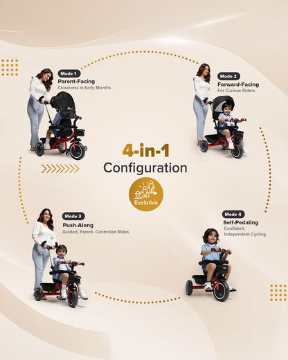 Chicco 4in1 EVO Trike-Height Adjustable Parent Handle Bar-360 Degrees Rotating Seat-Rear & Front Storage Basket-For 2 to 5Y (Upto 50 Kg)-Red