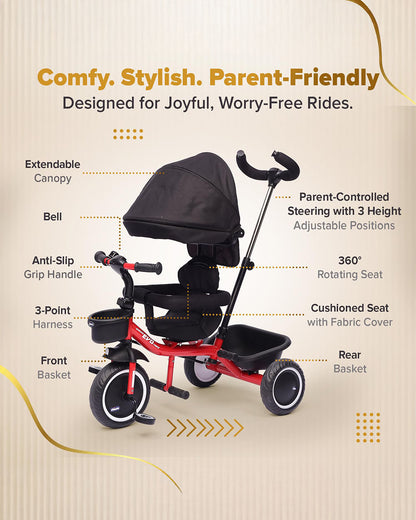 Chicco 4in1 EVO Trike-Height Adjustable Parent Handle Bar-360 Degrees Rotating Seat-Rear & Front Storage Basket-For 2 to 5Y (Upto 50 Kg)-Red