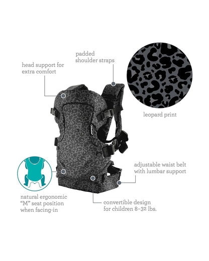 Infantino Flip 4 in 1 Convertible Baby Carrier-With 4 Carrying Positions-Head Support For Extra Comfort-Adjustable Waist Belt-For 0 to 3Y ( 3.5 to 14 Kg)-Leopard Black