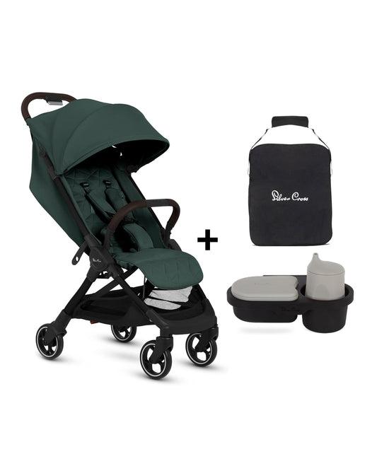 Silver Cross Clic 2 Cabin Friendly Stroller-With Snack Tray & Stroller Bag-One Hand Fold-Includes Rain Cover-For 0 to 4Y (Upto 22 kg)-Conifer