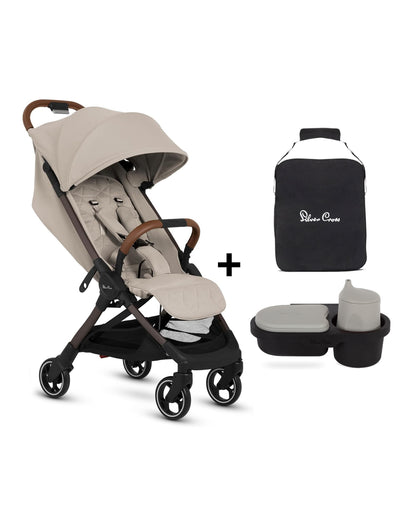 Silver Cross Clic 2 Cabin Friendly Stroller-With Snack Tray & Stroller Bag-One Hand Fold-Includes Rain Cover-For 0 to 4Y (Upto 22 kg)-Latte