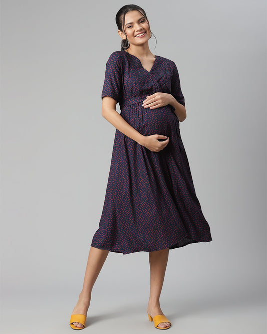 Wobbly Walk Violet Maternity Nursing Dress-Surplice neck-Polka Dots Print-Cotton Viscose-Bump Friendly