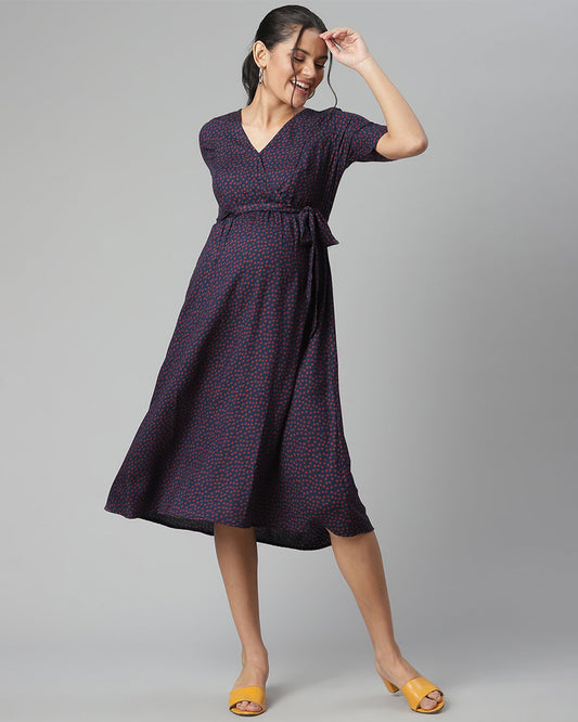 Wobbly Walk Violet Maternity Nursing Dress-Surplice neck-Polka Dots Print-Cotton Viscose-Bump Friendly