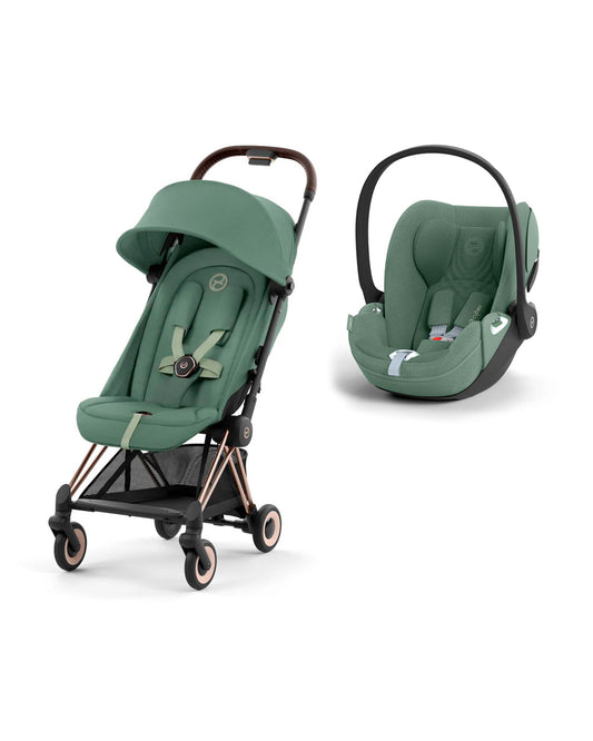 Cybex Coya Cabin Friendly Stroller & Cloud T i-Size Plus Car Seat Travel System-Includes Adapters-Rose Gold Frame & Leaf Green