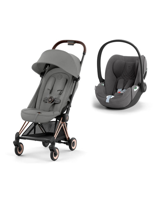 Cybex Coya Cabin Friendly Stroller & Cloud T i-Size Plus Car Seat Travel System-Includes Adapters-Rose Gold Frame & Mirage Grey