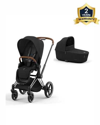 Cybex Priam Stroller & Priam Lux Carry Cot Travel System-Includes Adapters-Chrome Brown Frame & Sepia Black