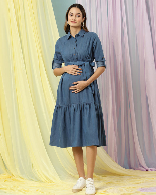 Wobbly Walk Blue Maternity Nursing Dress-Collar Neck-Solid Color-Denim-Bump Friendly