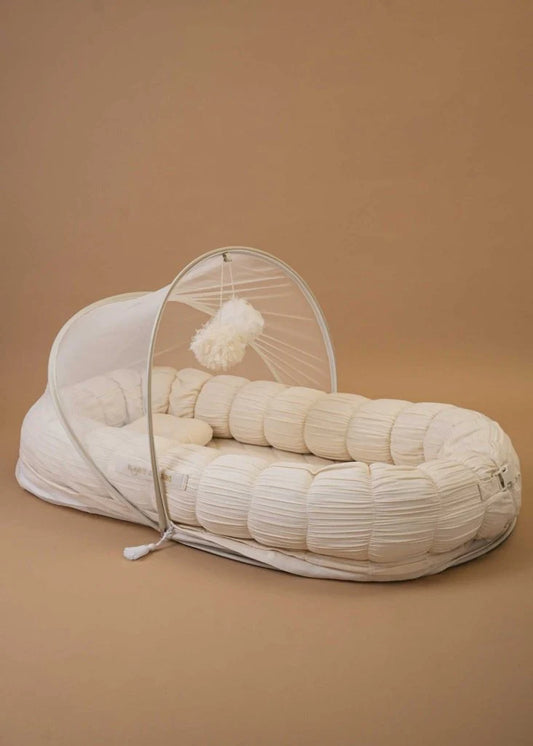 Baby Jalebi Sleep Cloud Nest-Baby Gadda Set With Inbuilt Mosquito Net-Ecru-100% GOTS certified Organic Muslin-Newborn Bed