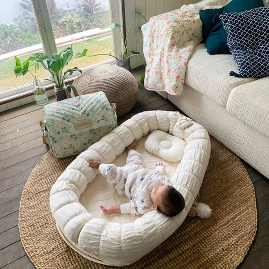 Baby Jalebi Sleep Cloud Nest-Baby Gadda Set With Inbuilt Mosquito Net-Ecru-100% GOTS certified Organic Muslin-Newborn Bed