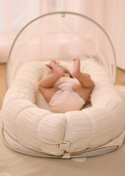 Baby Jalebi Sleep Cloud Nest-Baby Gadda Set With Inbuilt Mosquito Net-Ecru-100% GOTS certified Organic Muslin-Newborn Bed