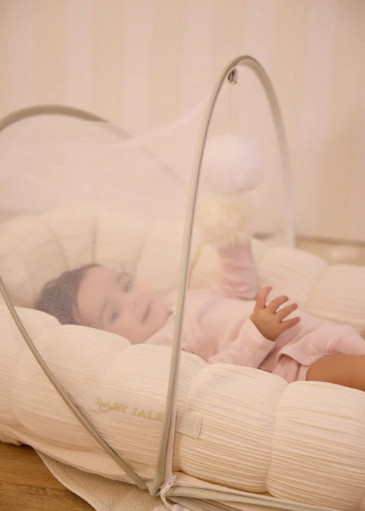 Baby Jalebi Sleep Cloud Nest-Baby Gadda Set With Inbuilt Mosquito Net-Ecru-100% GOTS certified Organic Muslin-Newborn Bed
