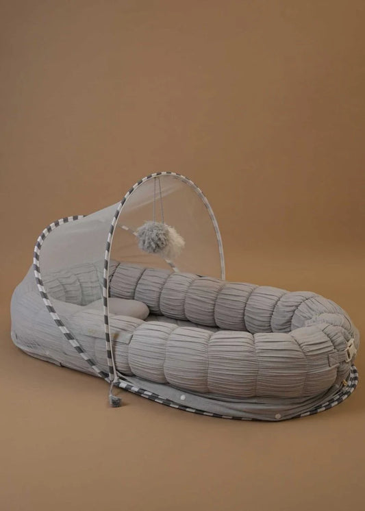 Baby Jalebi Sleep Cloud Nest-Baby Gadda Set With Inbuilt Mosquito Net-Grey-100% GOTS certified Organic Muslin-Newborn Bed