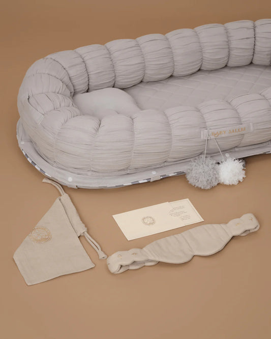 Baby Jalebi Sleep Cloud Nest-Baby Gadda Set With Inbuilt Mosquito Net-Grey-100% GOTS certified Organic Muslin-Newborn Bed