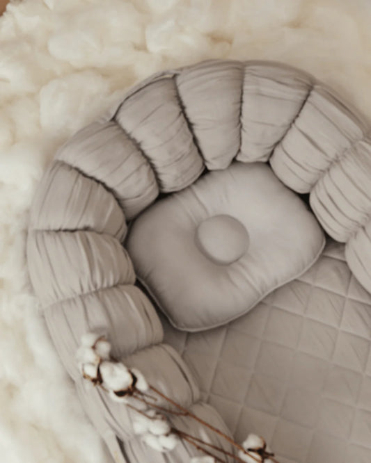 Baby Jalebi Sleep Cloud Nest-Baby Gadda Set With Inbuilt Mosquito Net-Grey-100% GOTS certified Organic Muslin-Newborn Bed