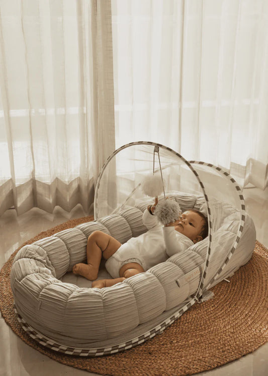 Baby Jalebi Sleep Cloud Nest-Baby Gadda Set With Inbuilt Mosquito Net-Grey-100% GOTS certified Organic Muslin-Newborn Bed