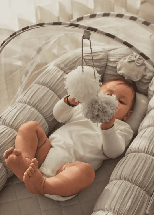Baby Jalebi Sleep Cloud Nest-Baby Gadda Set With Inbuilt Mosquito Net-Grey-100% GOTS certified Organic Muslin-Newborn Bed