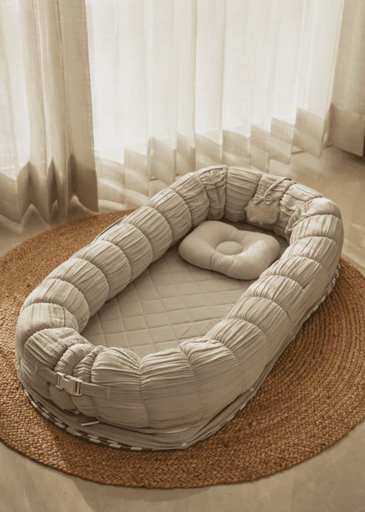 Baby Jalebi Sleep Cloud Nest-Baby Gadda Set With Inbuilt Mosquito Net-Grey-100% GOTS certified Organic Muslin-Newborn Bed